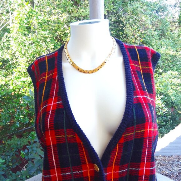 Vintage Sag Harbor Plaid Knit Cotton Academia Cardigan Button Up Sweater Vest - Picture 5 of 8